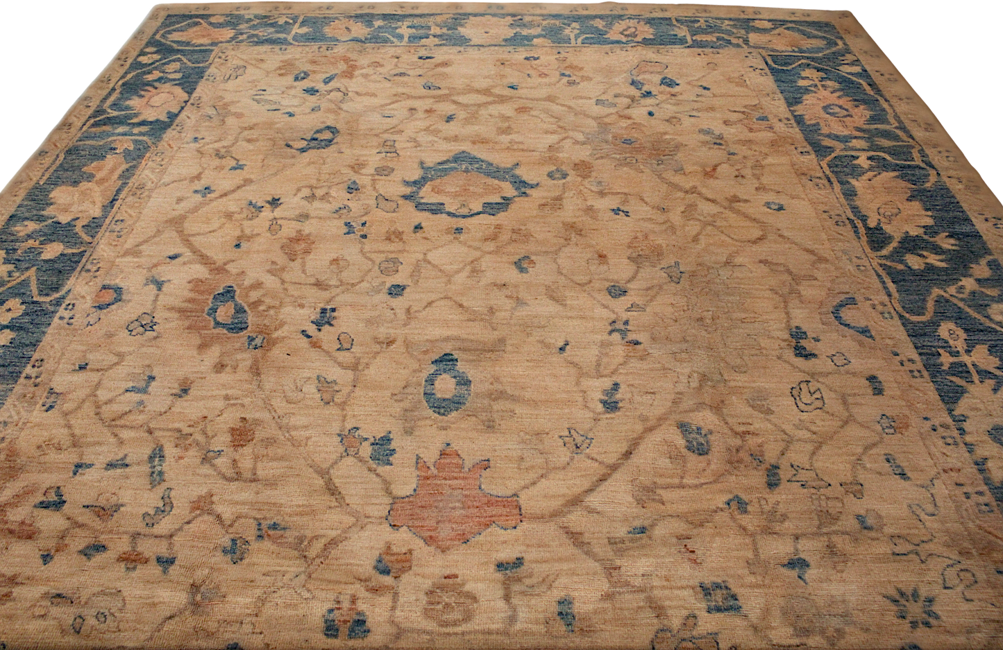 Sky Framed Elegance - Oushak Rug in Soft Ivory And Blue (10.2×13.4 ft) - 2762