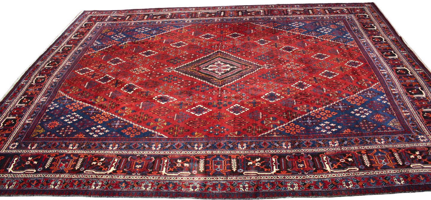 Bold Geometry, Enduring Craft - Antique Joshegan Rug in Crimson & Navy (10.2 × 14 ft) - 1706