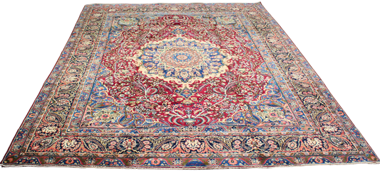 Regal Flourish in Crimson & Cream - Antique Yazd Rug (9.8 × 13.2 ft) - 1676