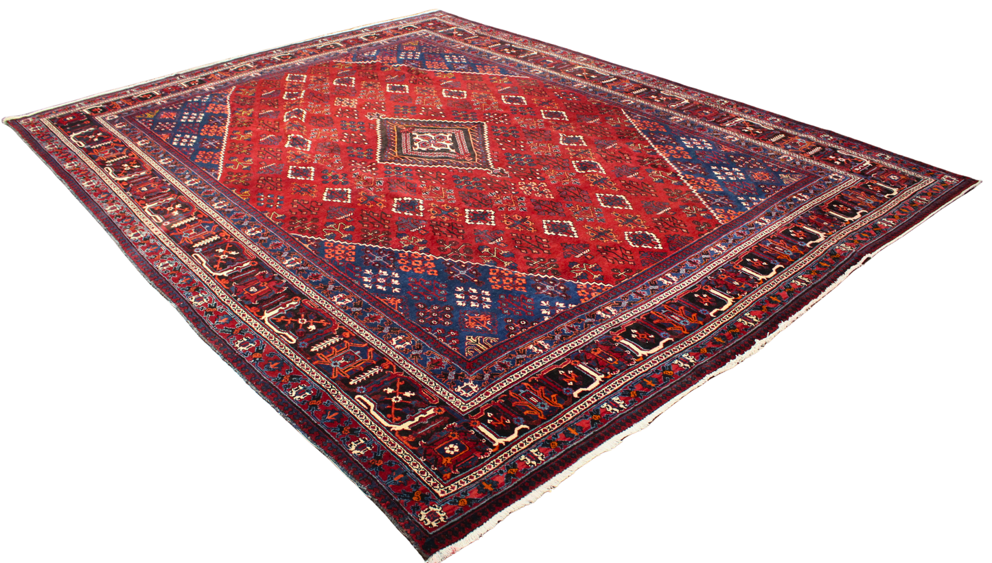 Bold Geometry, Enduring Craft - Antique Joshegan Rug in Crimson & Navy (10.2 × 14 ft) - 1706