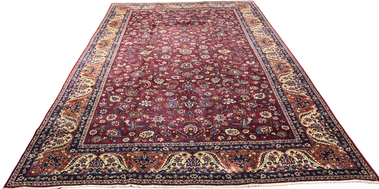 Classic Grandeur in Deep Ruby - Antique Mashad Rug (9.9 × 15.8 ft) - 1655
