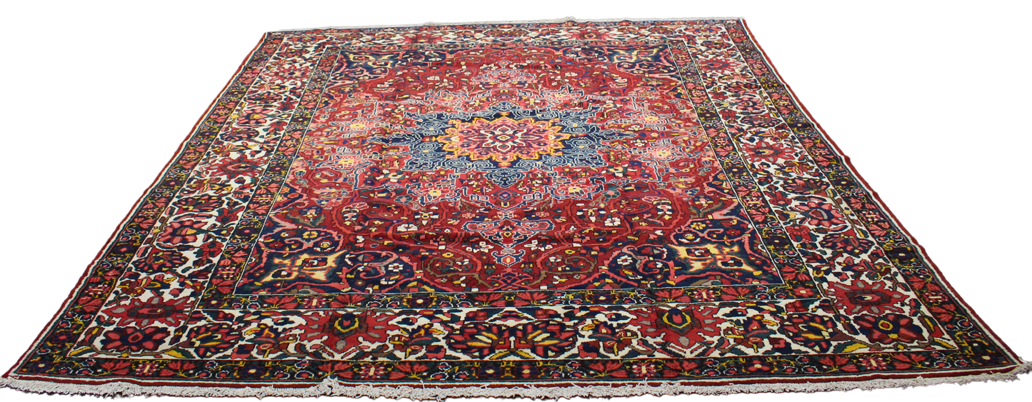 Commanding Presence - Antique Bakhtiari Rug in Crimson, Navy, and Ivory (10.6 × 13 ft) - 1716