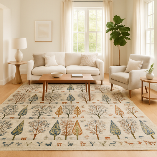 Living room with a patterned rug, sofa, and armchair.
