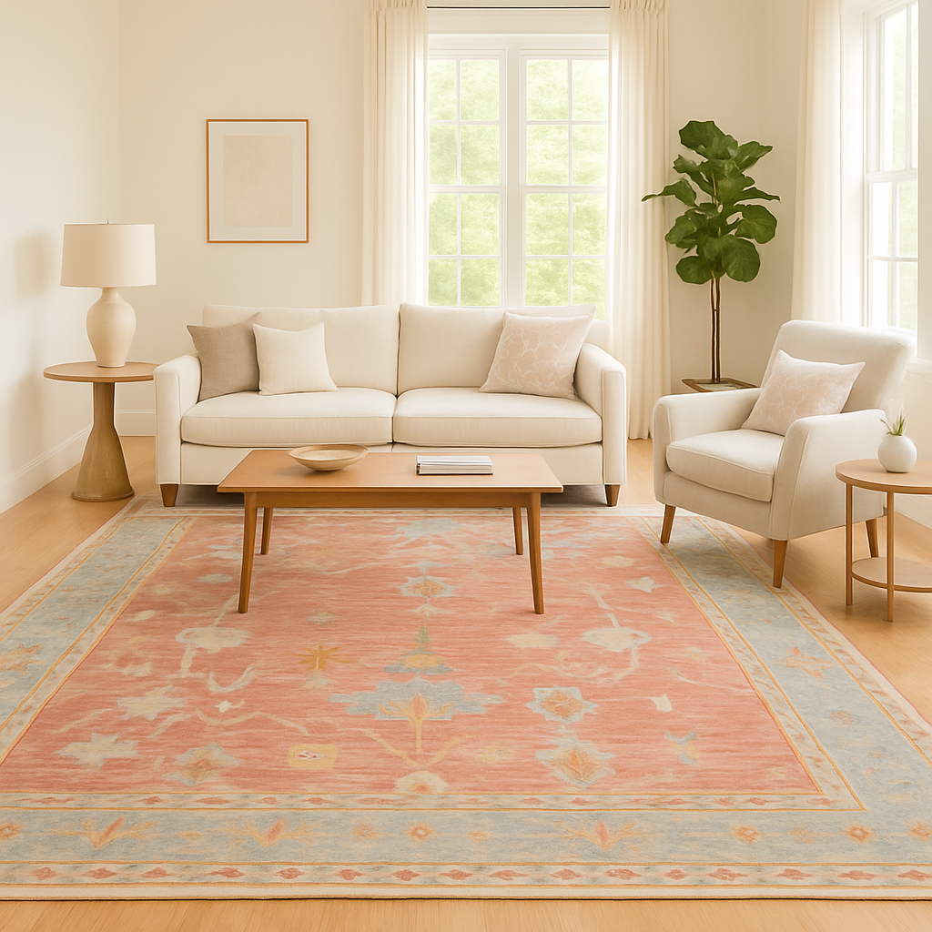 Living room with a pink and blue patterned rug, beige sofa, and armchair.