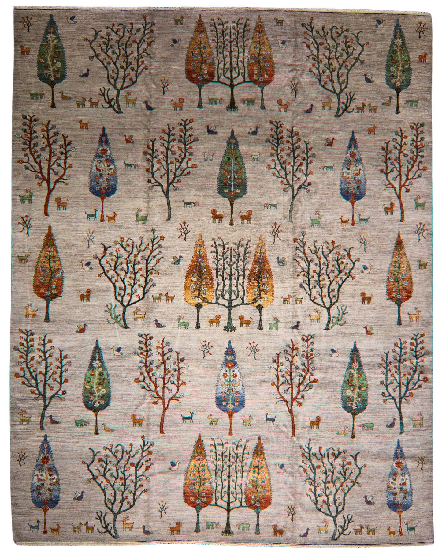 Rug with tree and animal pattern on a beige background