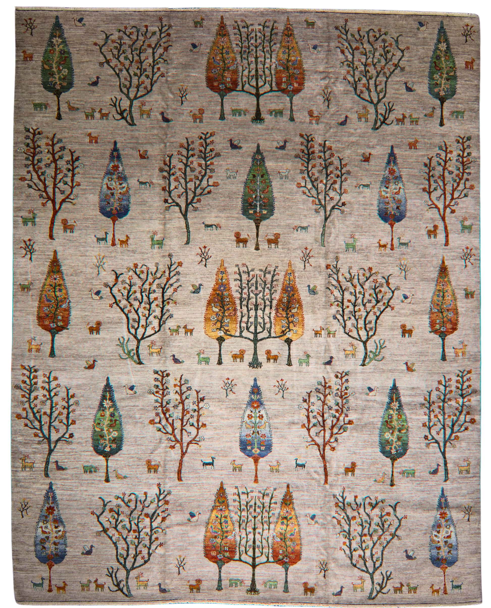 Rug with tree and animal pattern on a beige background