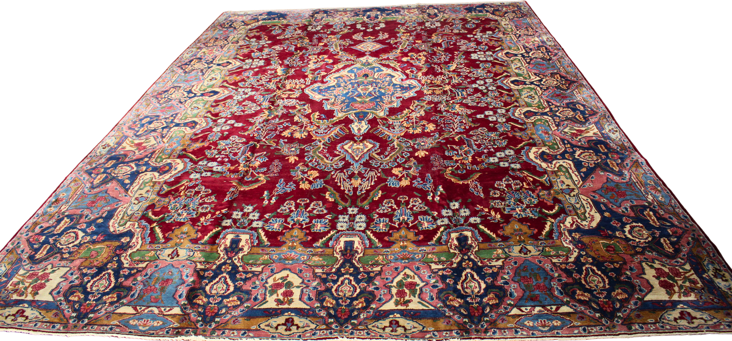 Royal Bloom - Antique Yazd Rug from Persia (11.4 × 16 ft) - 1758