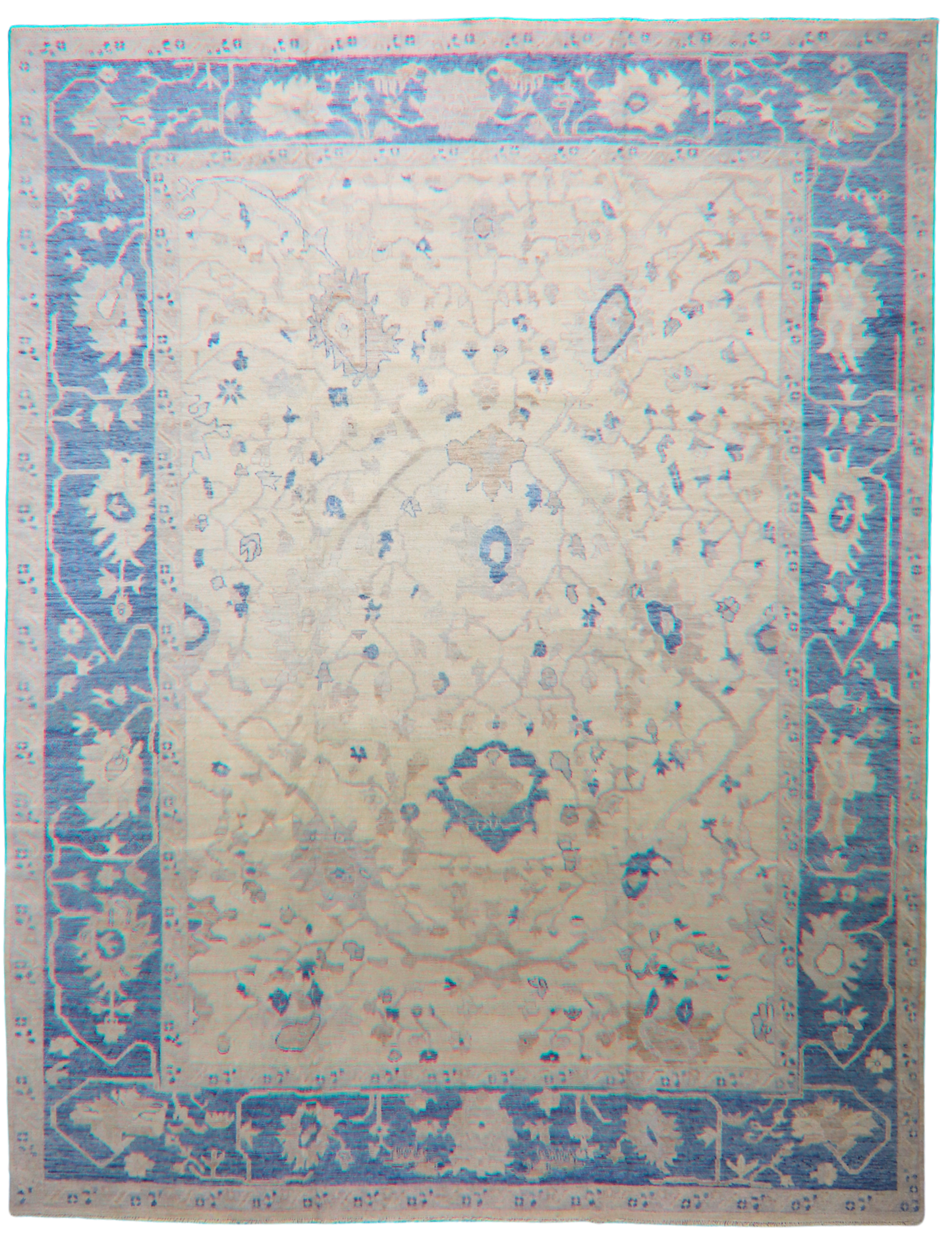 Sky Framed Elegance - Oushak Rug in Soft Ivory And Blue (10.2×13.4 ft) - 2762