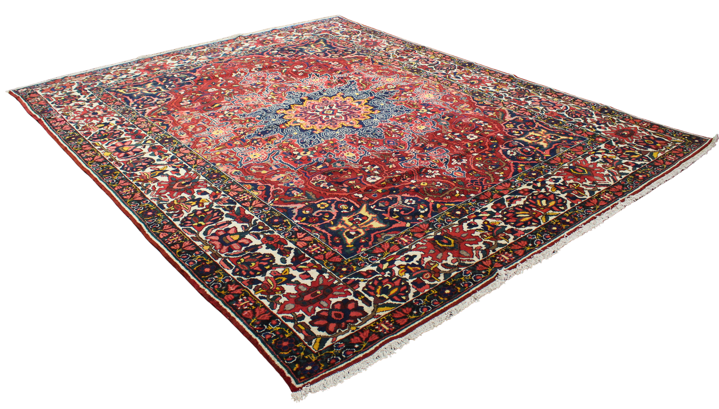 Commanding Presence - Antique Bakhtiari Rug in Crimson, Navy, and Ivory (10.6 × 13 ft) - 1716