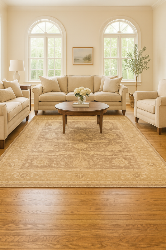 traditional Persian rug in brown and ivory tones