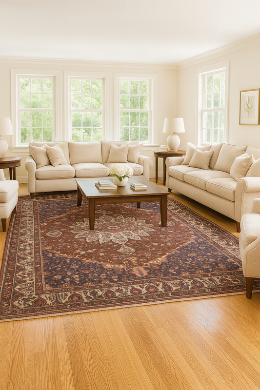 traditional Persian rug with aged ivory and walnut