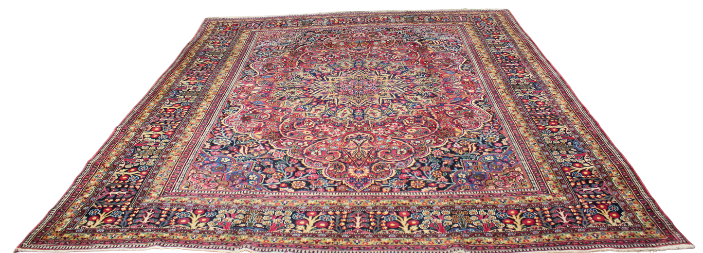 Regal Grandeur - Antique Mashad Rug with Floral Medallion (10.5 × 13 ft) - 1711