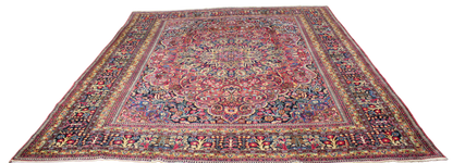 Regal Grandeur - Antique Mashad Rug with Floral Medallion (10.5 × 13 ft) - 1711