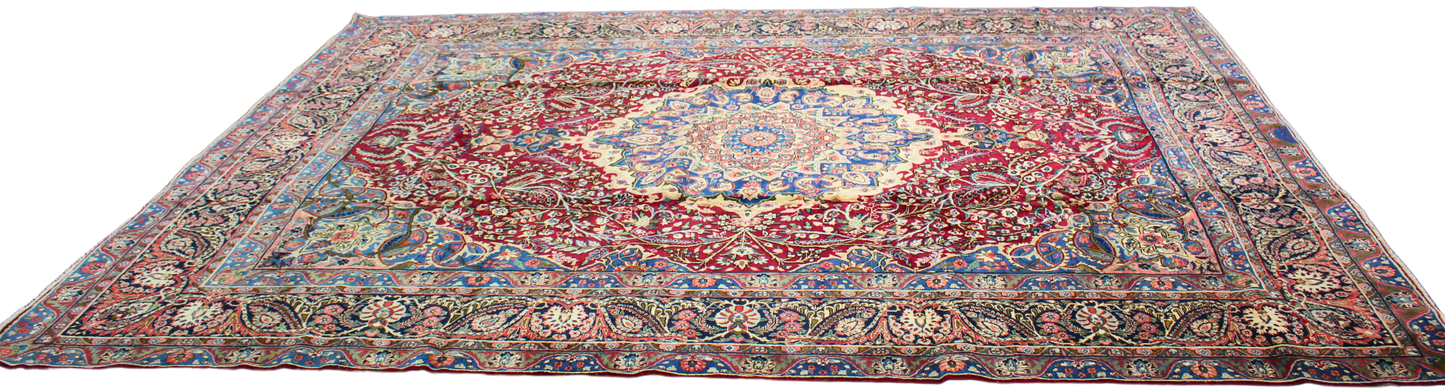 Regal Flourish in Crimson &amp; Cream - Antique Yazd Rug (9.8 × 13.2 ft) - 1676