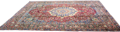 Regal Flourish in Crimson &amp; Cream - Antique Yazd Rug (9.8 × 13.2 ft) - 1676