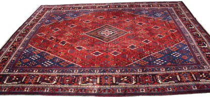 Bold Geometry, Enduring Craft - Antique Joshegan Rug in Crimson &amp; Navy (10.2 × 14 ft) - 1706