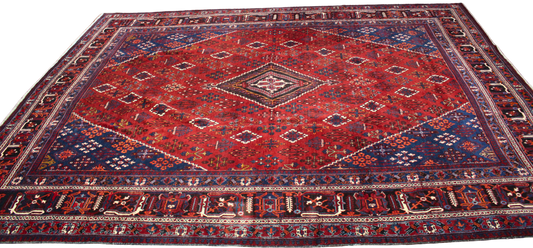 Bold Geometry, Enduring Craft - Antique Joshegan Rug in Crimson &amp; Navy (10.2 × 14 ft) - 1706