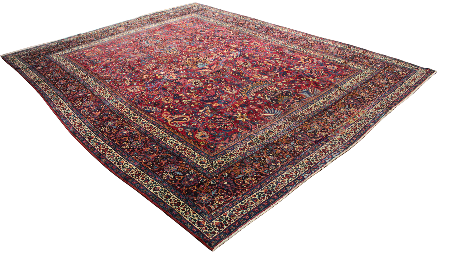 Regal Flourish - Antique Mashad Rug in Crimson and Sapphire (10.9 × 13.3 ft) - 1721