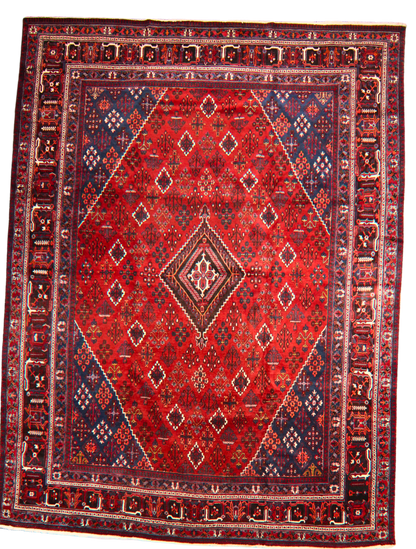 Bold Geometry, Enduring Craft - Antique Joshegan Rug in Crimson &amp; Navy (10.2 × 14 ft) - 1706