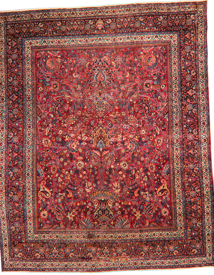 Regal Flourish - Antique Mashad Rug in Crimson and Sapphire (10.9 × 13.3 ft) - 1721