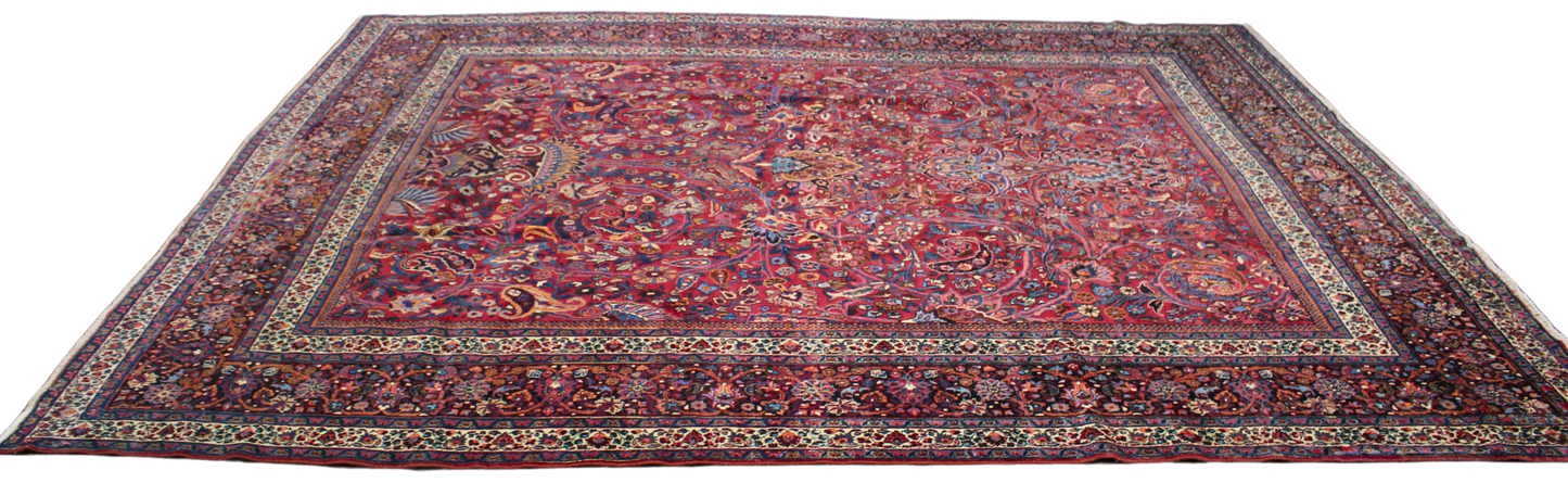 Regal Flourish - Antique Mashad Rug in Crimson and Sapphire (10.9 × 13.3 ft) - 1721