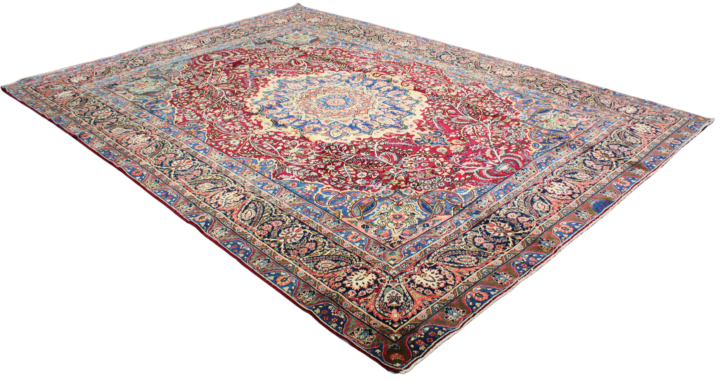 Regal Flourish in Crimson &amp; Cream - Antique Yazd Rug (9.8 × 13.2 ft) - 1676