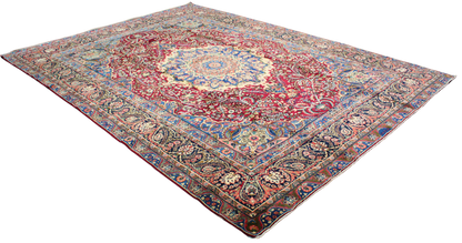 Regal Flourish in Crimson &amp; Cream - Antique Yazd Rug (9.8 × 13.2 ft) - 1676