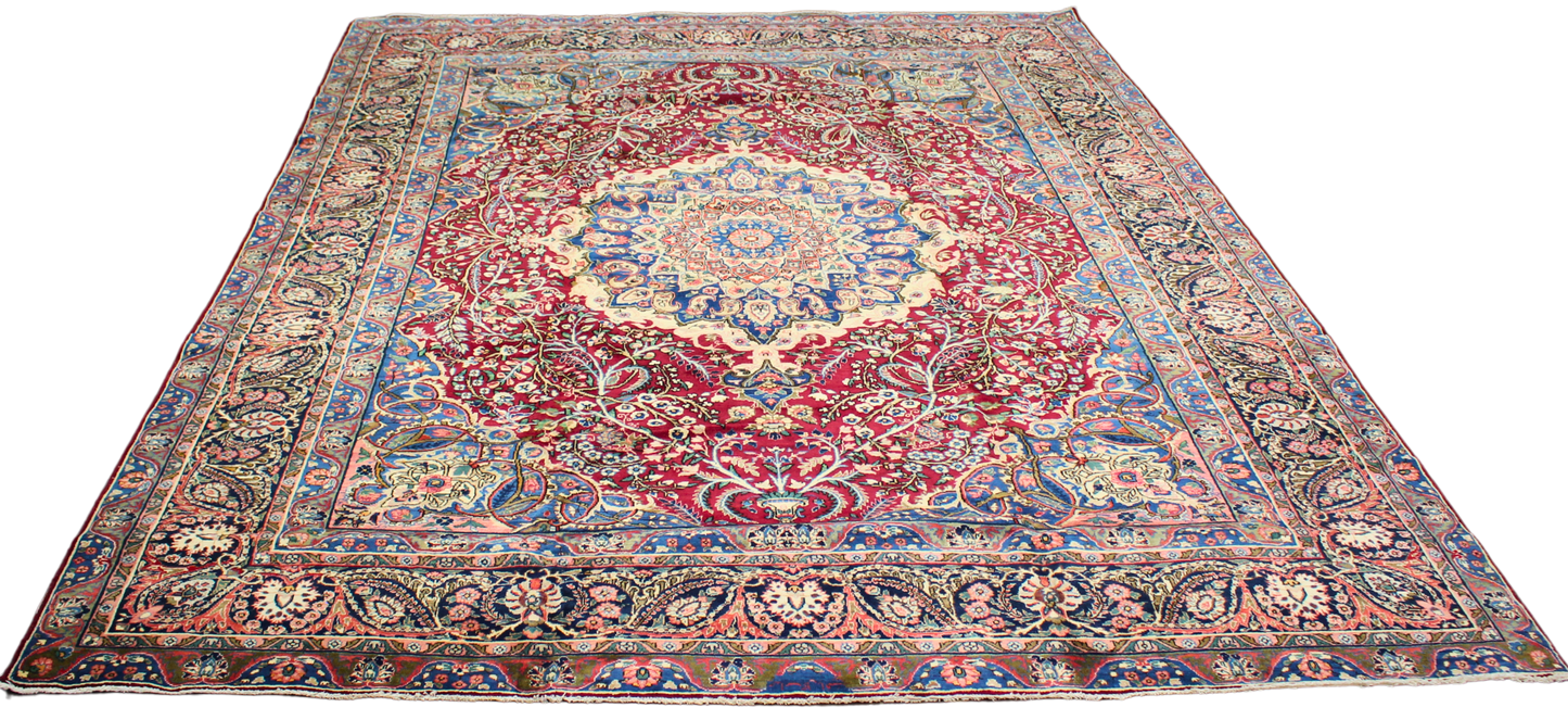 Regal Flourish in Crimson &amp; Cream - Antique Yazd Rug (9.8 × 13.2 ft) - 1676