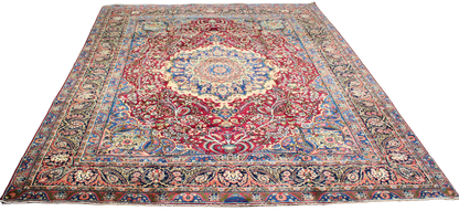 Regal Flourish in Crimson &amp; Cream - Antique Yazd Rug (9.8 × 13.2 ft) - 1676