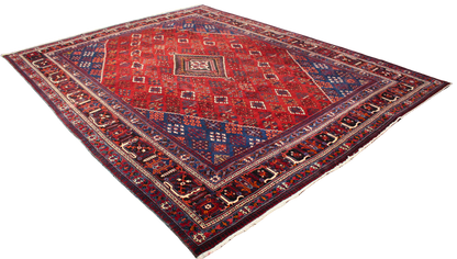 Bold Geometry, Enduring Craft - Antique Joshegan Rug in Crimson &amp; Navy (10.2 × 14 ft) - 1706