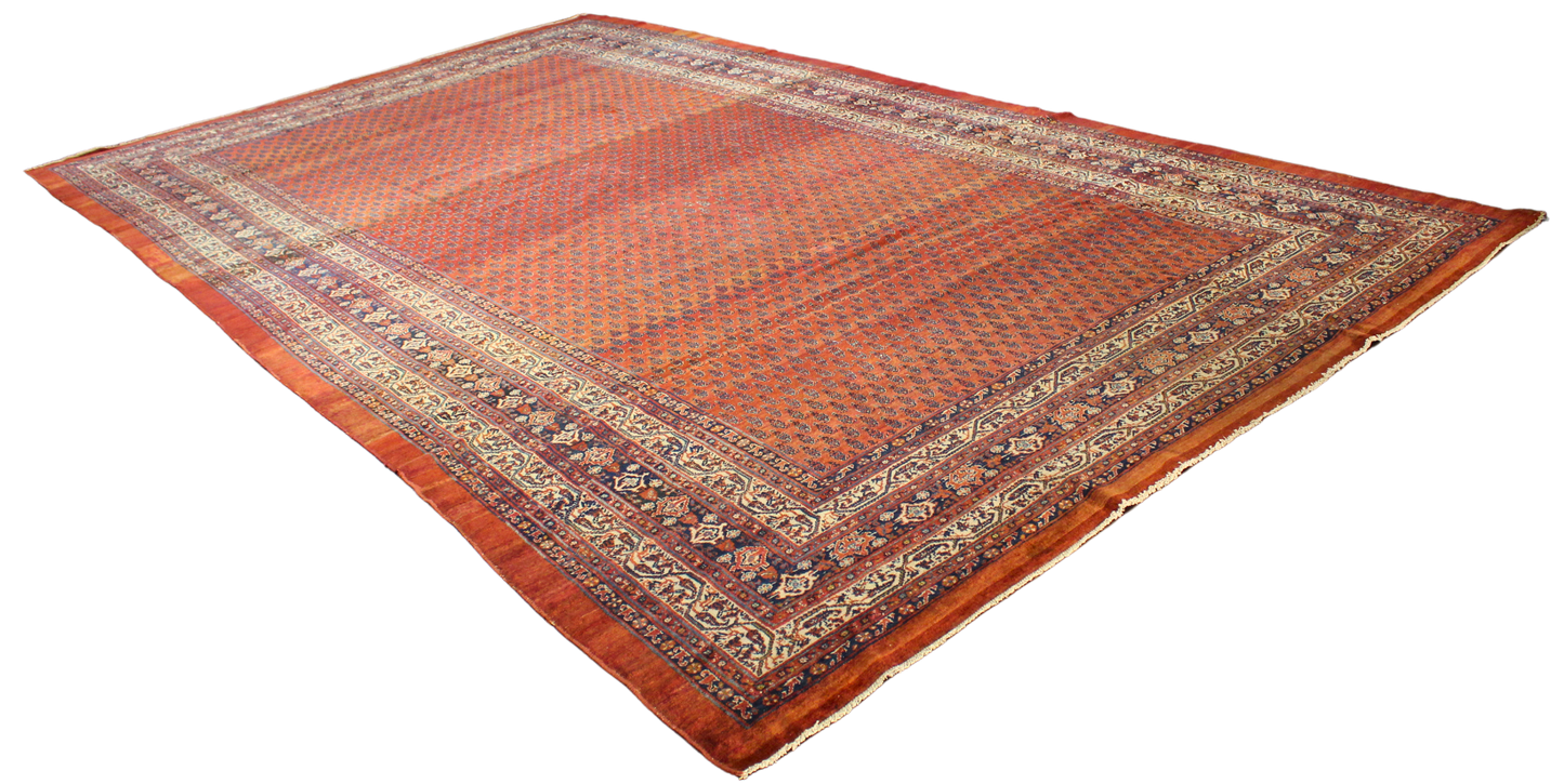 Enduring Elegance - Antique Persian Mir Rug in Brick and Navy (10.4 × 16.3 ft) - 1700