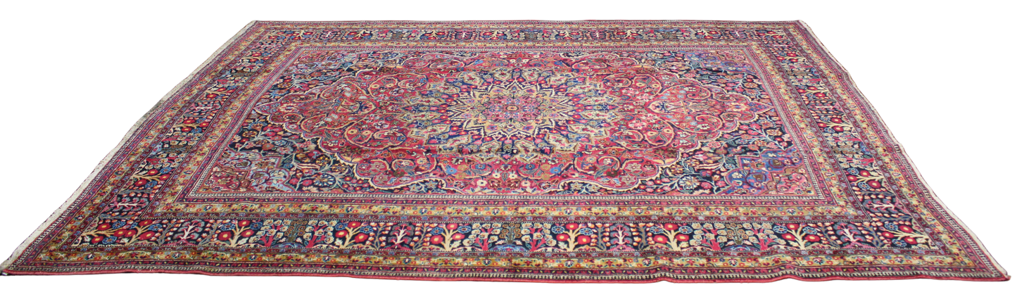 Regal Grandeur - Antique Mashad Rug with Floral Medallion (10.5 × 13 ft) - 1711