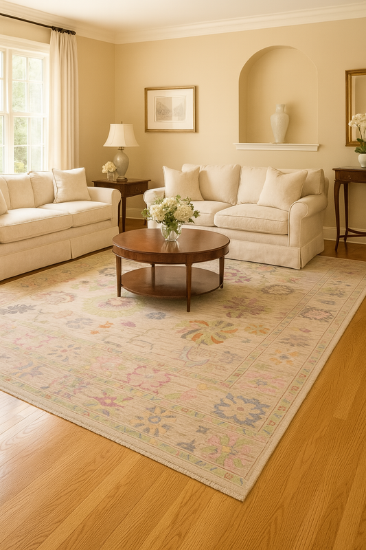 Afghan Oushak wool rug with floral medallion design