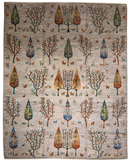 Rug with tree and animal pattern on a beige background