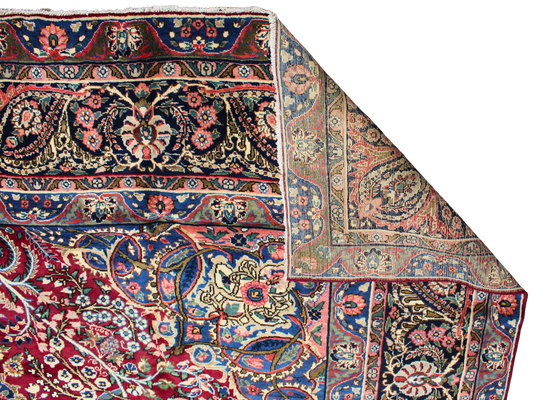 Regal Flourish in Crimson &amp; Cream - Antique Yazd Rug (9.8 × 13.2 ft) - 1676