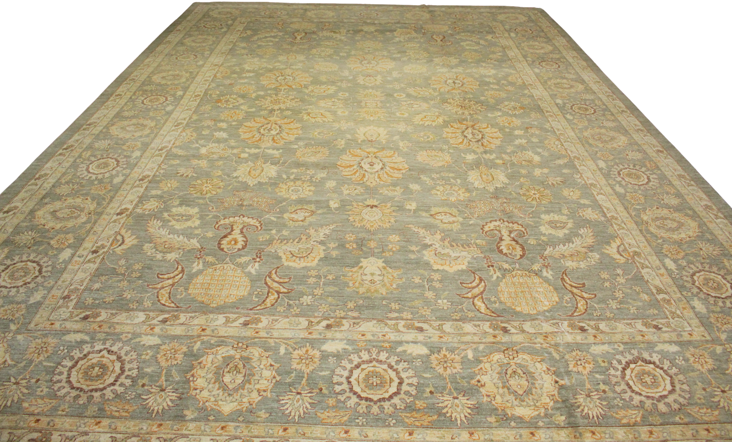 Misty Garden Grandeur – 12′1″ × 17′3″ Oushak Rug from Pakistan - 1916