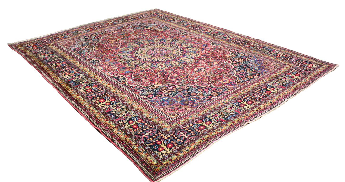 Regal Grandeur - Antique Mashad Rug with Floral Medallion (10.5 × 13 ft) - 1711
