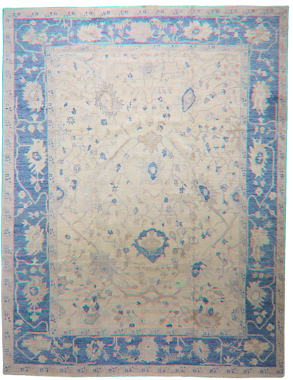 Sky Framed Elegance - Oushak Rug in Soft Ivory And Blue (10.2×13.4 ft) - 2762