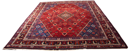 Bold Geometry, Enduring Craft - Antique Joshegan Rug in Crimson &amp; Navy (10.2 × 14 ft) - 1706