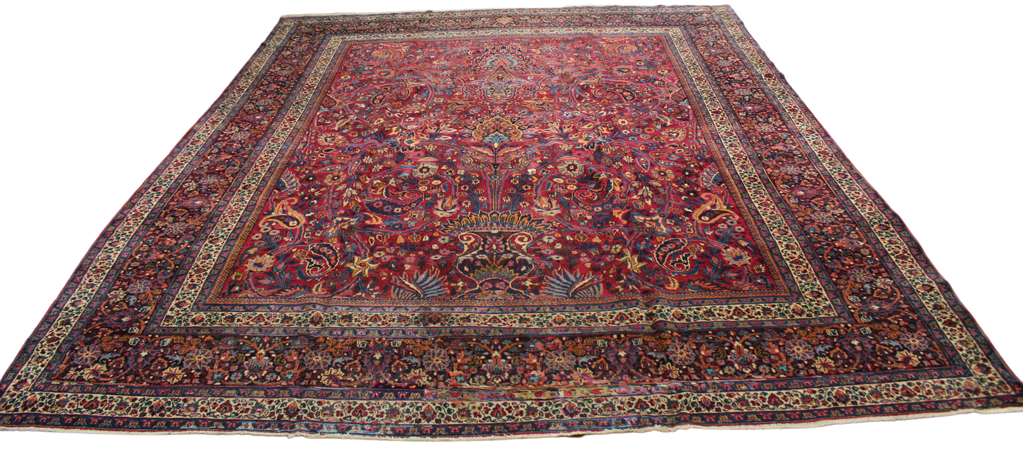 Regal Flourish - Antique Mashad Rug in Crimson and Sapphire (10.9 × 13.3 ft) - 1721