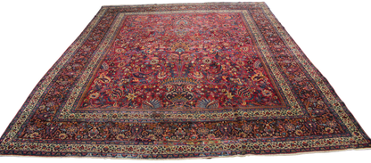 Regal Flourish - Antique Mashad Rug in Crimson and Sapphire (10.9 × 13.3 ft) - 1721