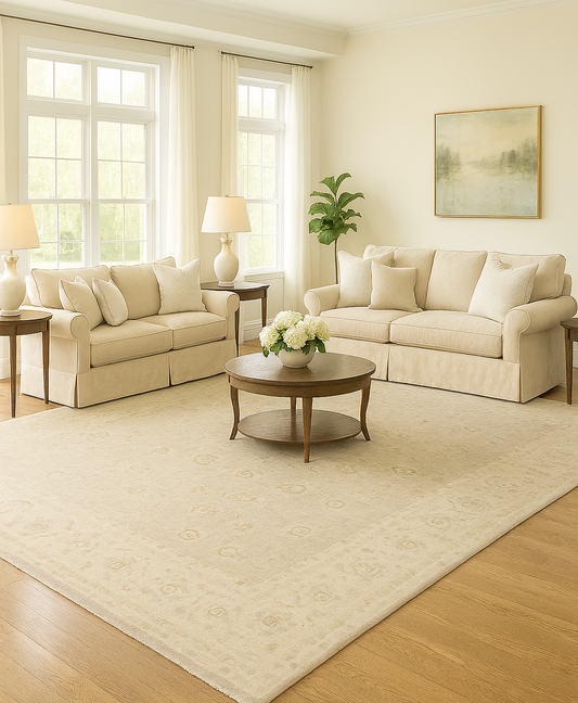 large neutral Oushak rug with botanical border