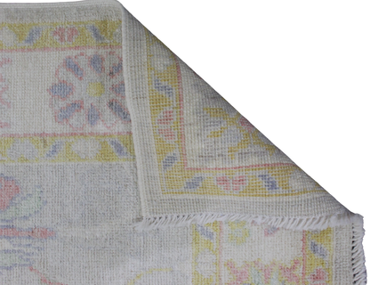 whimsical border Oushak rug in baby pink and blue